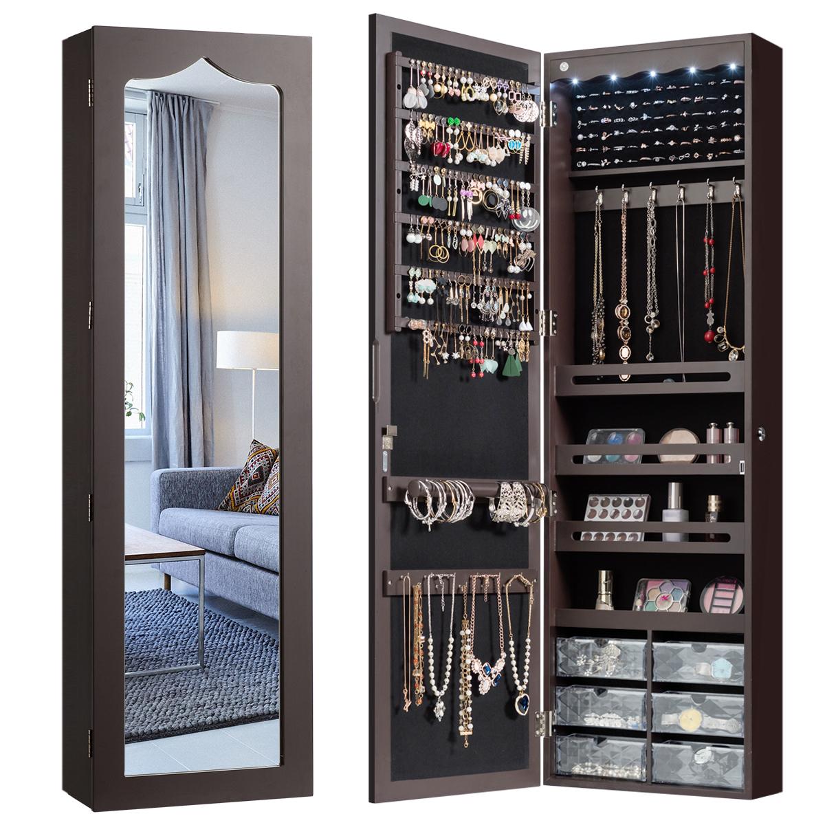 Giantex 5 LEDs Jewelry Armoire Wall Mounted/Door Hanging Mirror, Lockable Jewelry Cabinet w/Full Length Mirror & 6 Drawers, Jewelry Organizer Storage Box for Women Girls