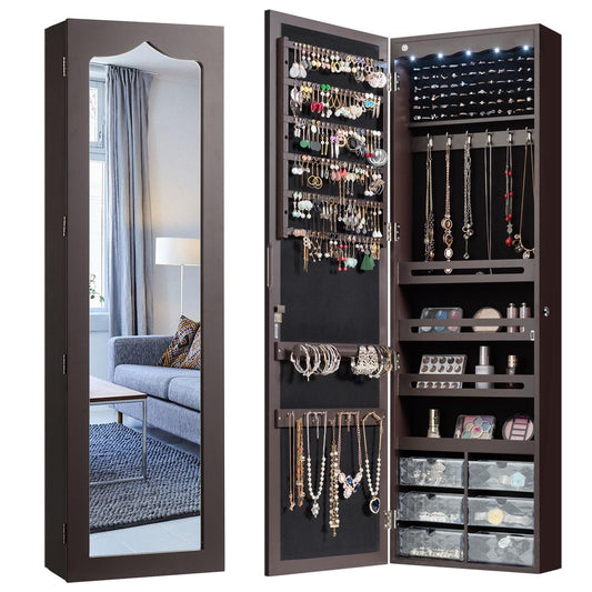 Giantex 5 LEDs Jewelry Armoire Wall Mounted/Door Hanging Mirror, Lockable Jewelry Cabinet w/Full Length Mirror & 6 Drawers, Jewelry Organizer Storage Box for Women Girls