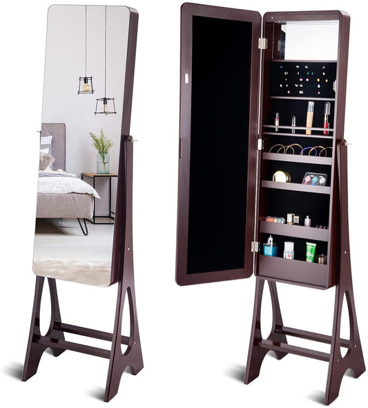 Giantex LED Standing Jewelry Cabinet Armoire with Full Rounded Mirror, 4 Shelves and Lipstick Frame, Spacious Cabinet for Jewelry and Makeup, Jewelry Cabinet Dressing for Home, Living Room (Brown)