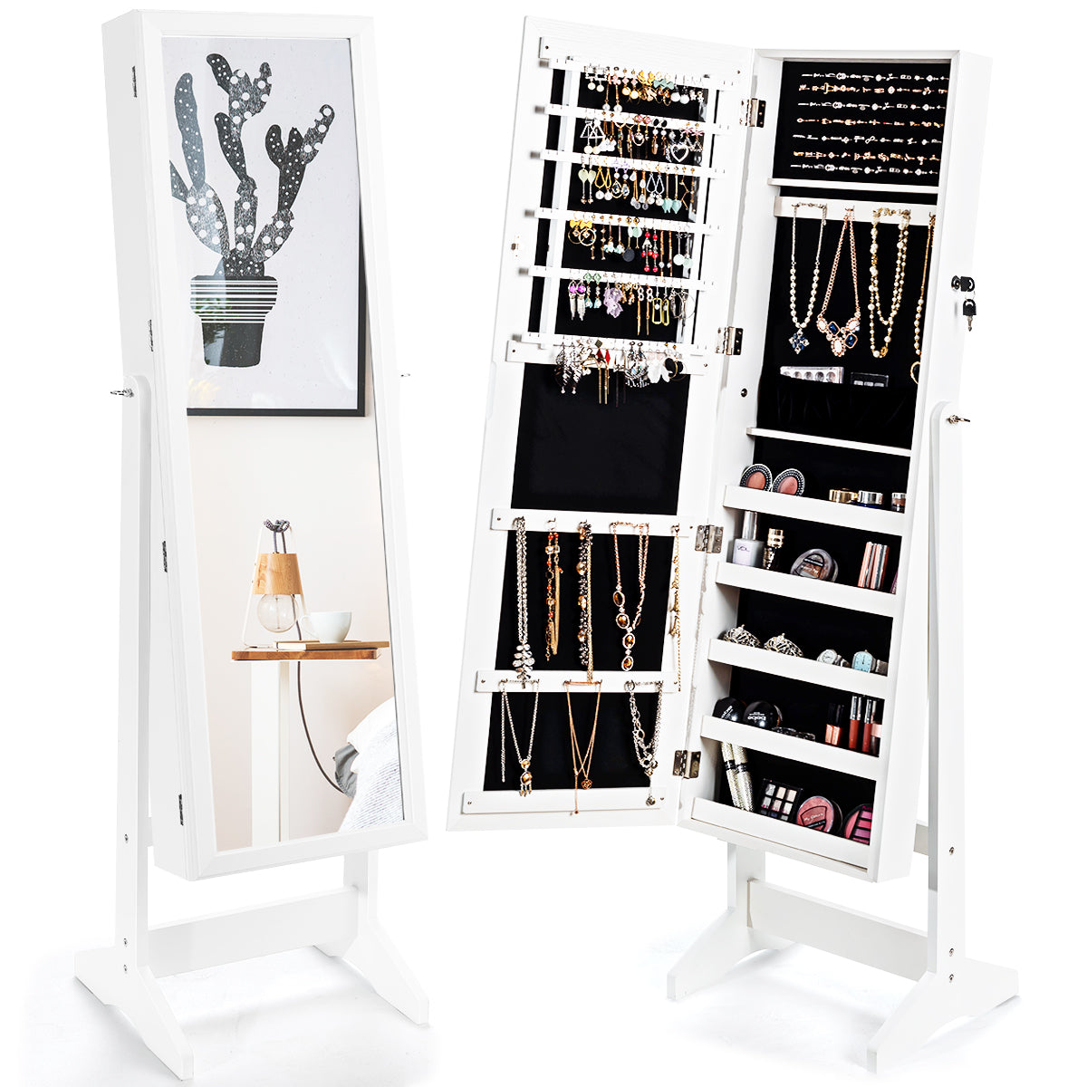 Giantex Jewelry Cabinet Armoire, Large Storage Lockable Organizer with Frameless Free Standing Dressing Mirror