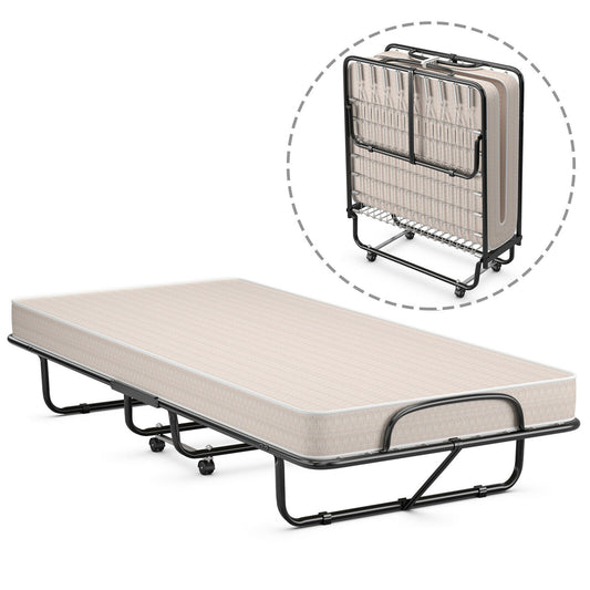Giantex Rollaway Folding Bed w/Mattress for Adults, 79x38 Inch Twin Guest Bed w/Sturdy Metal Frame, Memory Foam Mattress, Sleeper Bed Cot Size 440LBS, Made in Italy