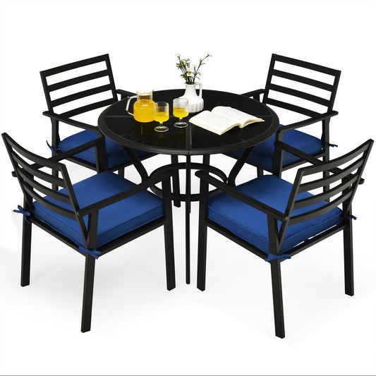 Giantex 5 piece Patio Dining Set, Outdoor Table w/Bistro Table & 4 Cushioned Chairs, Table Set w/Round Tempered Glass Tabletop & Metal Frame for Porch, Backyard, Garden