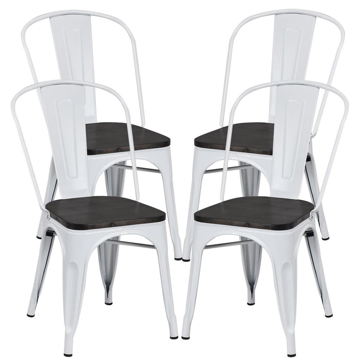 Giantex Set of 4 Metal Dining Chairs with Wood Top Seat, Tolix Style Stackable Bistro Cafe Side Chair, Indoor Outdoor Dining Chairs with High Backrest, Perfect for Living Room, Restaurant (White)