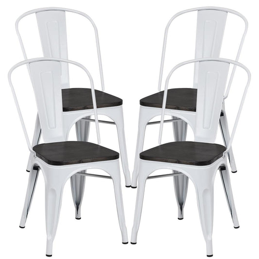 Giantex Set of 4 Metal Dining Chairs with Wood Top Seat, Tolix Style Stackable Bistro Cafe Side Chair, Indoor Outdoor Dining Chairs with High Backrest, Perfect for Living Room, Restaurant (White)