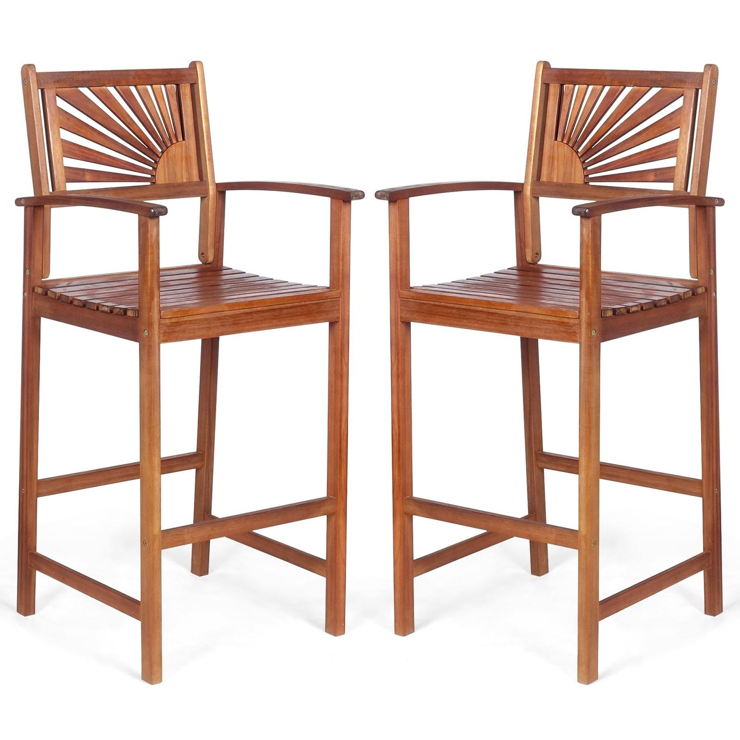 Giantex Patio Bar Stools, Outdoor Acacia Wood Bar Chairs with Sunflower Backrest, Curved Armrests & Breathable Seat, Ideal for Balcony, Sunroom, Patio, Easy Assembly