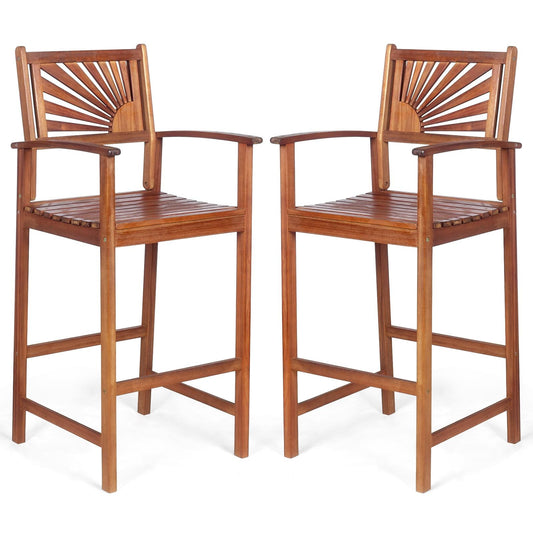 Giantex Patio Bar Stools, Outdoor Acacia Wood Bar Chairs with Sunflower Backrest, Curved Armrests & Breathable Seat, Ideal for Balcony, Sunroom, Patio, Easy Assembly