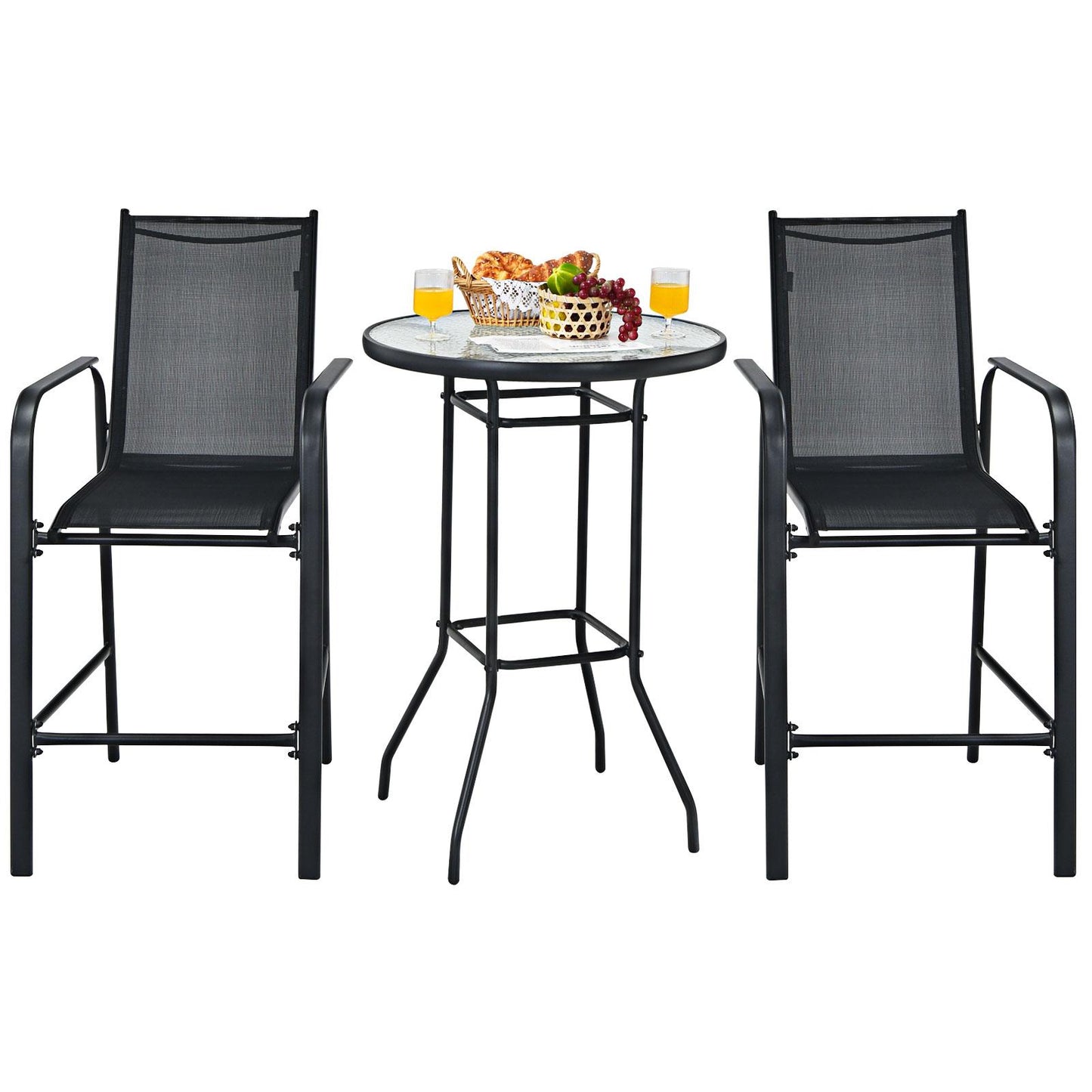 Giantex 3 Pieces Outdoor Patio Bar Set, Outdoor Bistro Set with 2 Bar Stools and 1 Tempered Glass Bar Table, Bar Height Patio Table and Stools Set for Backyard, Garden, Lawn (Black)