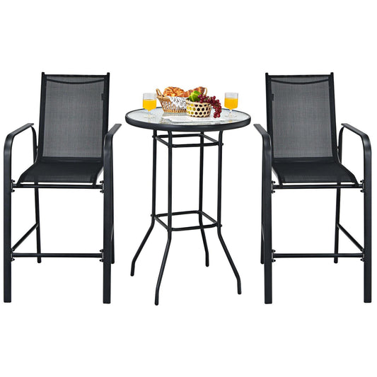 Giantex 3 Pieces Outdoor Patio Bar Set, Outdoor Bistro Set with 2 Bar Stools and 1 Tempered Glass Bar Table, Bar Height Patio Table and Stools Set for Backyard, Garden, Lawn (Black)