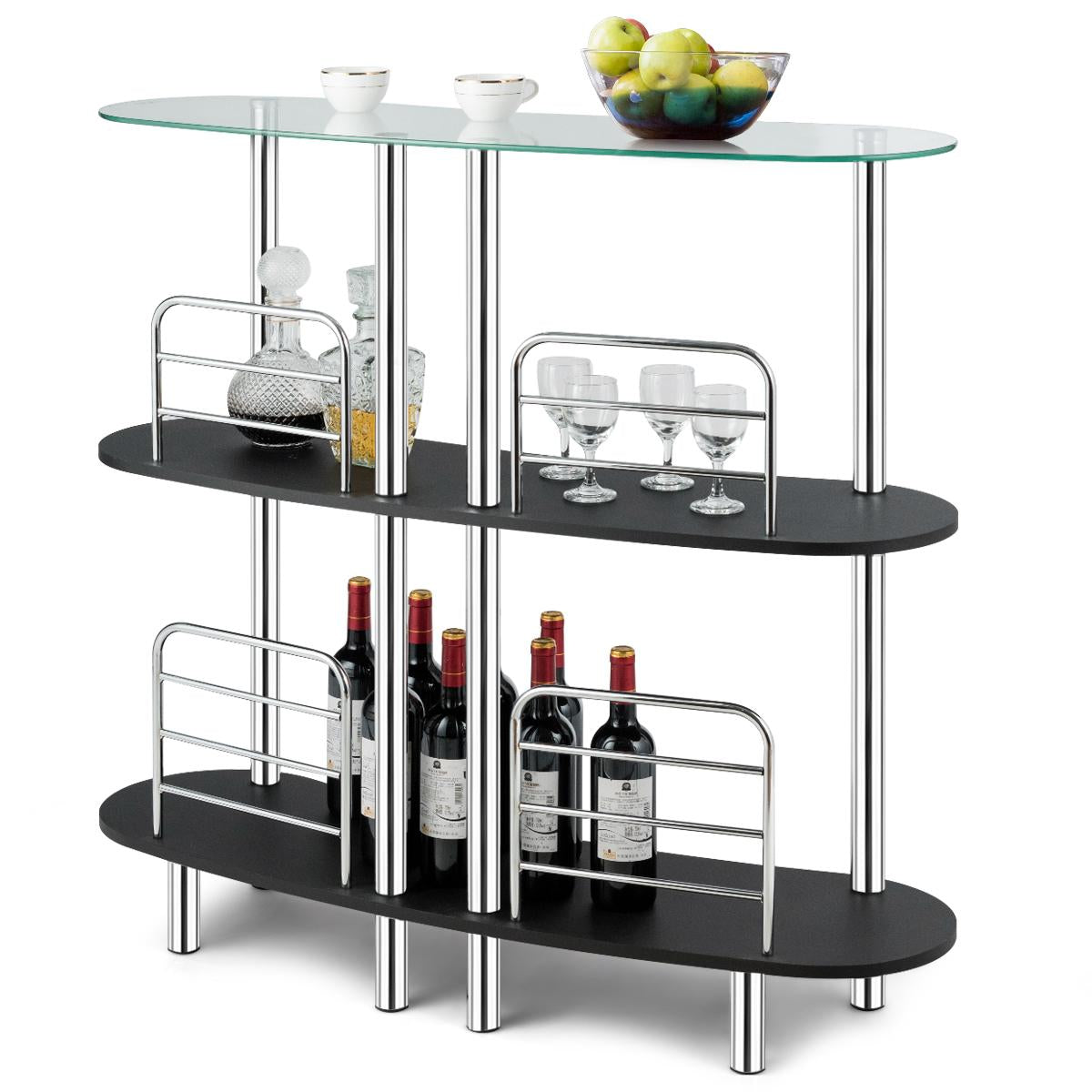 Giantex 3-Tier Glass Liquor Bar Cabinets, Wine Bar Storage with Tempered Glass Counter Top and Metal Frame, Bar Unit with 2 Shelves, Bar Organize Ideal for Home/Kitchen/Bar/Pub