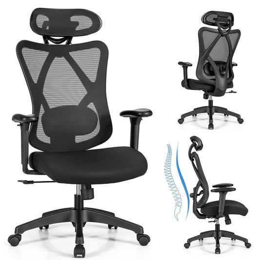 Giantex Ergonomic Mesh Office Chair, High Back Executive Chair with Adjustable Lumbar Support, Armrests & Rotatable Headrest, Swivel Computer Desk Reclining Chair w/Rolling Casters, Black
