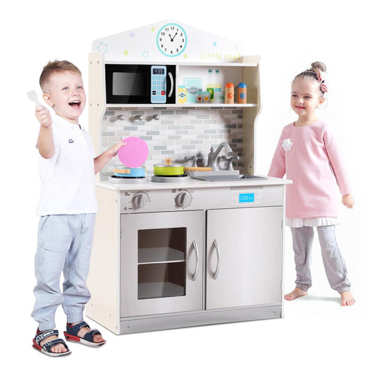 Giantex Kids Kitchen Playset, Wooden Pretend Cooking Playset w/ Cookware Accessories, Removable Sink, Microwave, Display Shelf, Toddler Pretend Play Kitchen Toy, Best Gift for Girl
