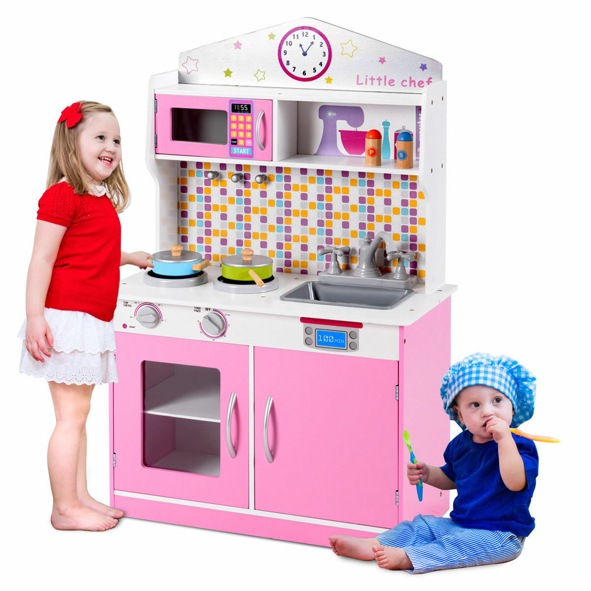 Giantex Kids Kitchen Playset, Wooden Pretend Cooking Playset w/ Cookware Accessories, Removable Sink, Microwave, Display Shelf, Toddler Pretend Play Kitchen Toy, Best Gift for Girl