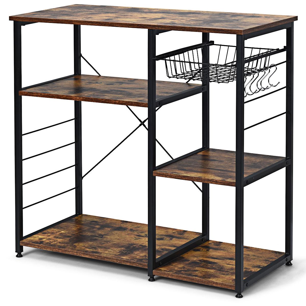 Giantex 3-Tier Kitchen Baker’s Rack, Utility Storage Shelf, Industrial Microwave Oven Stand Metal Frame w/Shelf, Wire Basket, Hooks, Coffee Bar Table Home Office, Brown