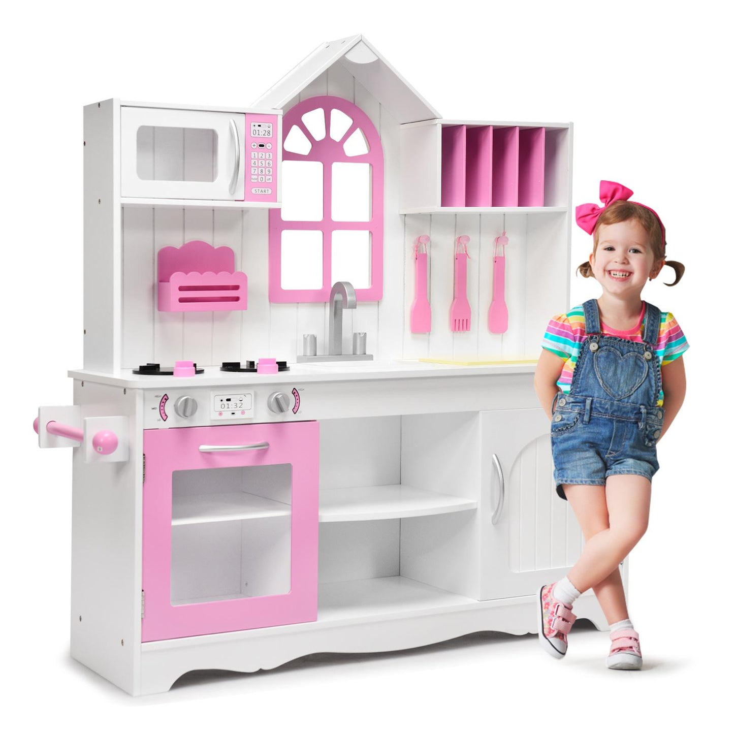 Giantex Kids Kitchen Playset, Wooden Play Kitchen for Big Kids, Simulated Cookware Utensils, Microwave, Large Storage Cabinet, Pretend Play Kitchen Toy Set for Toddlers Girls Age 3+, Pink