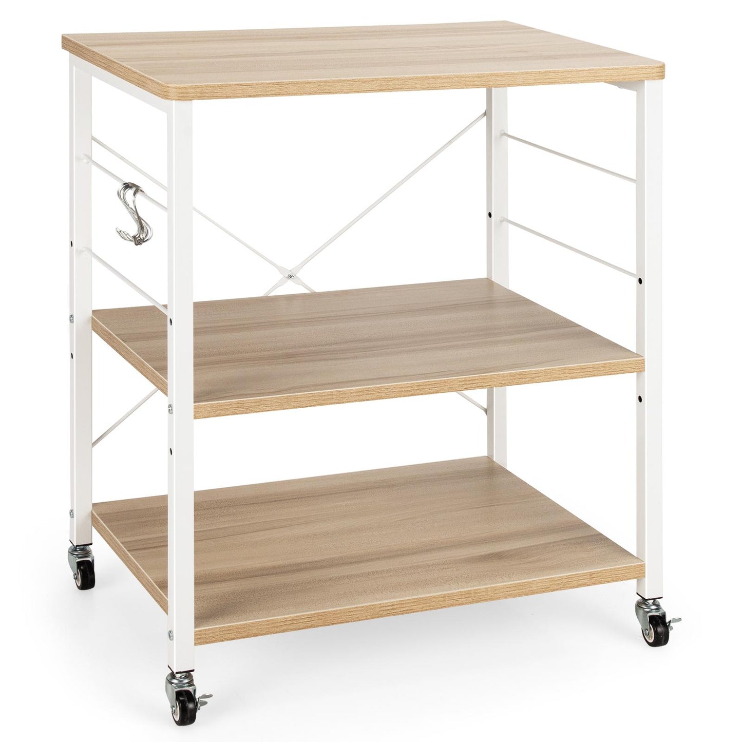 3-Layer Microwave Stand Bakers Rack, Kitchen Rolling Cart with 4 Universal Wheels and 10 Removable Hooks, Coffee Cart Shelf Organizer for Kitchen, Living Room, Entryway