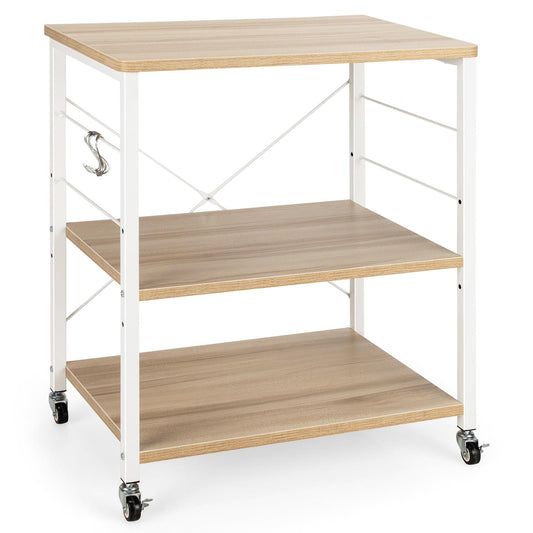 3-Layer Microwave Stand Bakers Rack, Kitchen Rolling Cart with 4 Universal Wheels and 10 Removable Hooks, Coffee Cart Shelf Organizer for Kitchen, Living Room, Entryway