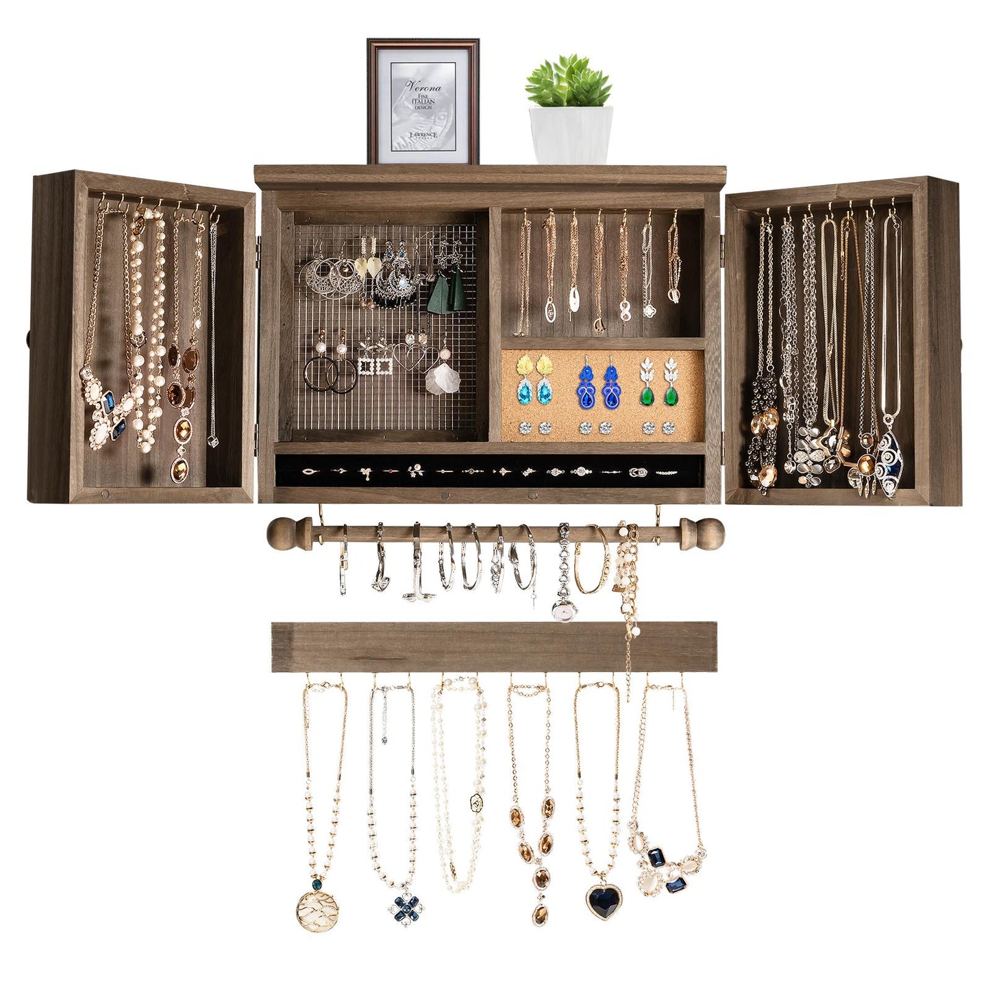 Giantex Rustic Wall Mounted Jewelry Organizer Cabinet, Wooden Hanging Jewelry Holder Box w/ Barndoor, Removable Bracelets Rod, Hooks Shelf, Removable Bracelet Rod for Hanging Jewelry