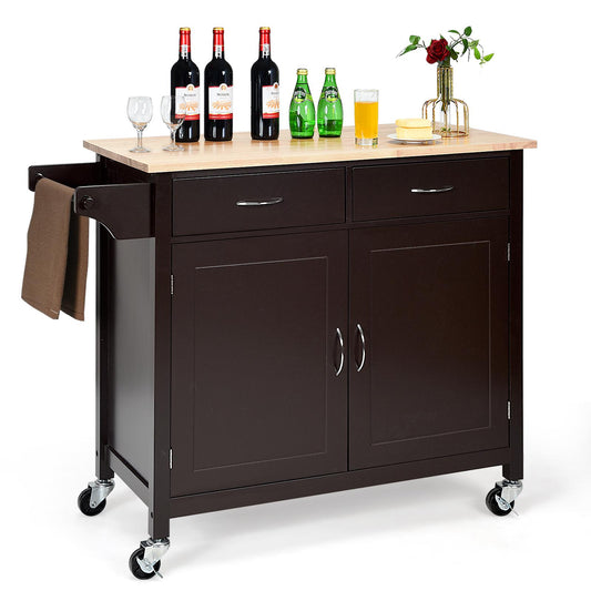 Giantex Rolling Kitchen Island Cart on Wheels, Kitchen Utility Trolley & Bar Serving Cart w/Rubber Wood Top, Handle Rack & Storage Cabinet and Drawers for Home Dining Room