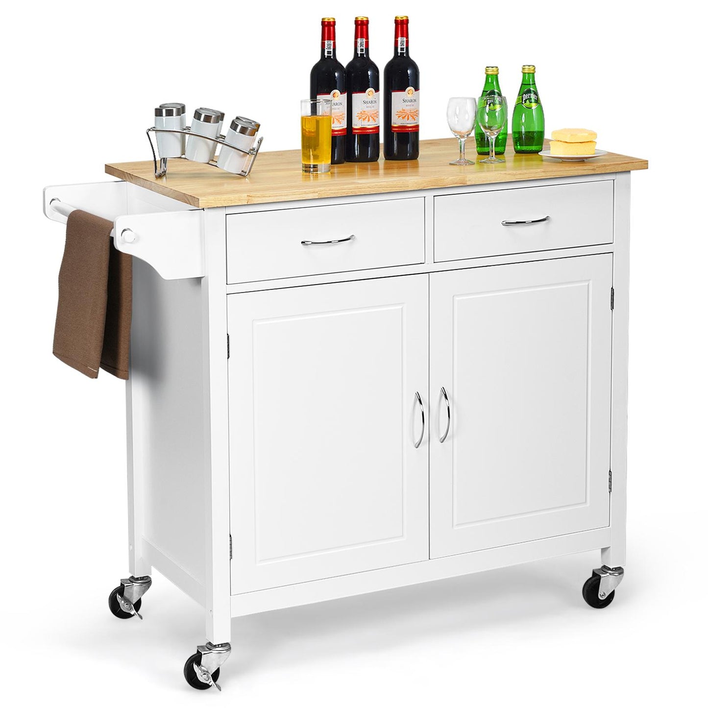 Giantex Rolling Kitchen Island Cart on Wheels, Kitchen Utility Trolley & Bar Serving Cart w/Rubber Wood Top, Handle Rack & Storage Cabinet and Drawers for Home Dining Room