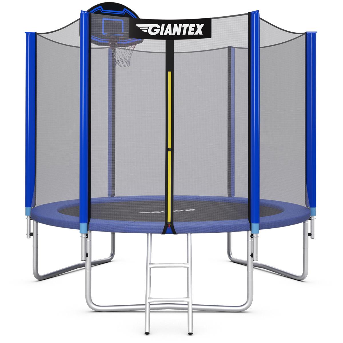 Giantex Trampoline, 10Ft Enclosed Trampoline w/Basketball Hoop, Ladder, Safety Enclosure Net, Spring Pad, Outdoor Round Trampoline for Kids, Adults