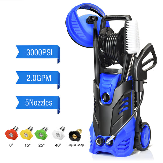 Giantex 3000PSI Electric Pressure Washer, Portable High Power Washer w/ 5 Nozzles, Hose Reel, Soap Bottle, 2 GPM 2000W