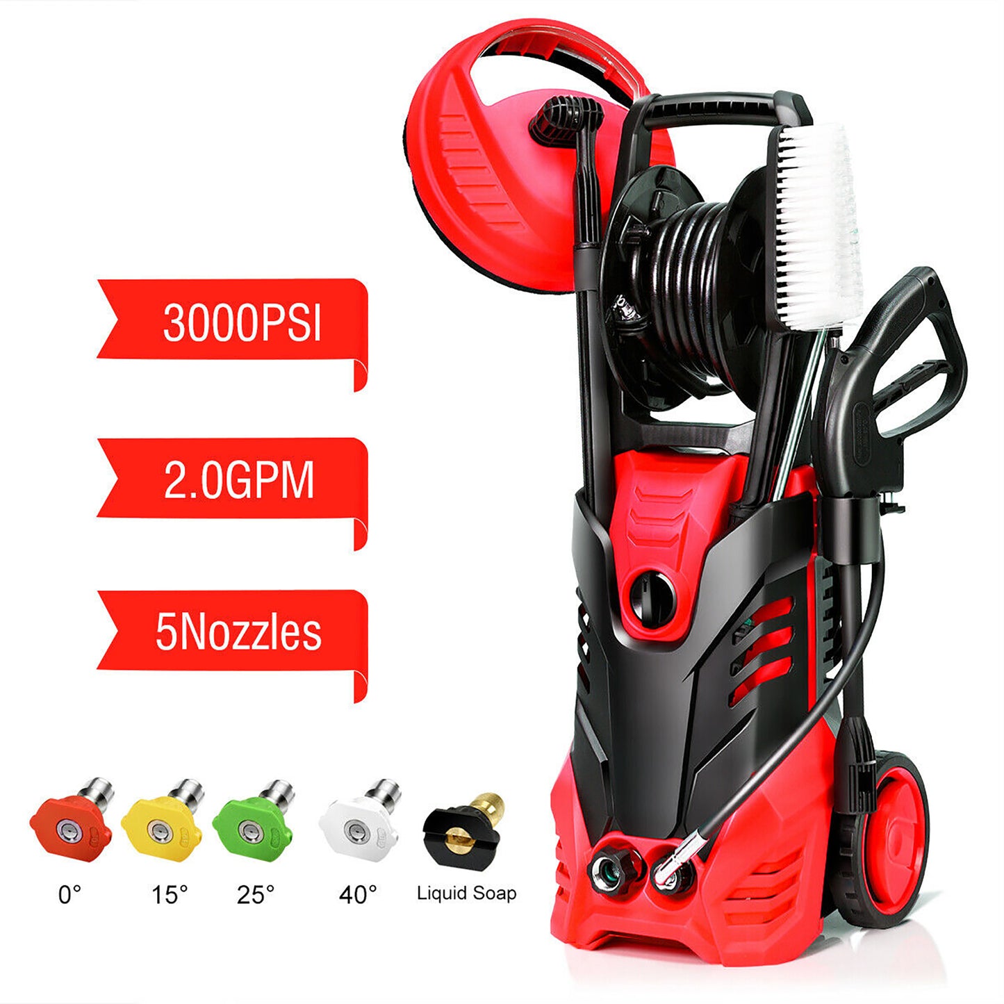 Giantex 3000PSI Electric Pressure Washer, Portable High Power Washer w/ 5 Nozzles, Hose Reel, Soap Bottle, 2 GPM 2000W
