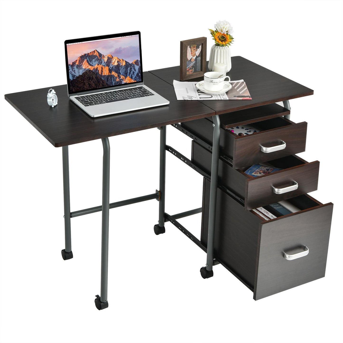 Giantex Folding Computer Study Desk, Home Office Desk w/Smooth Wheels & Large Drawers, Mobile Laptop Desk Writing Table