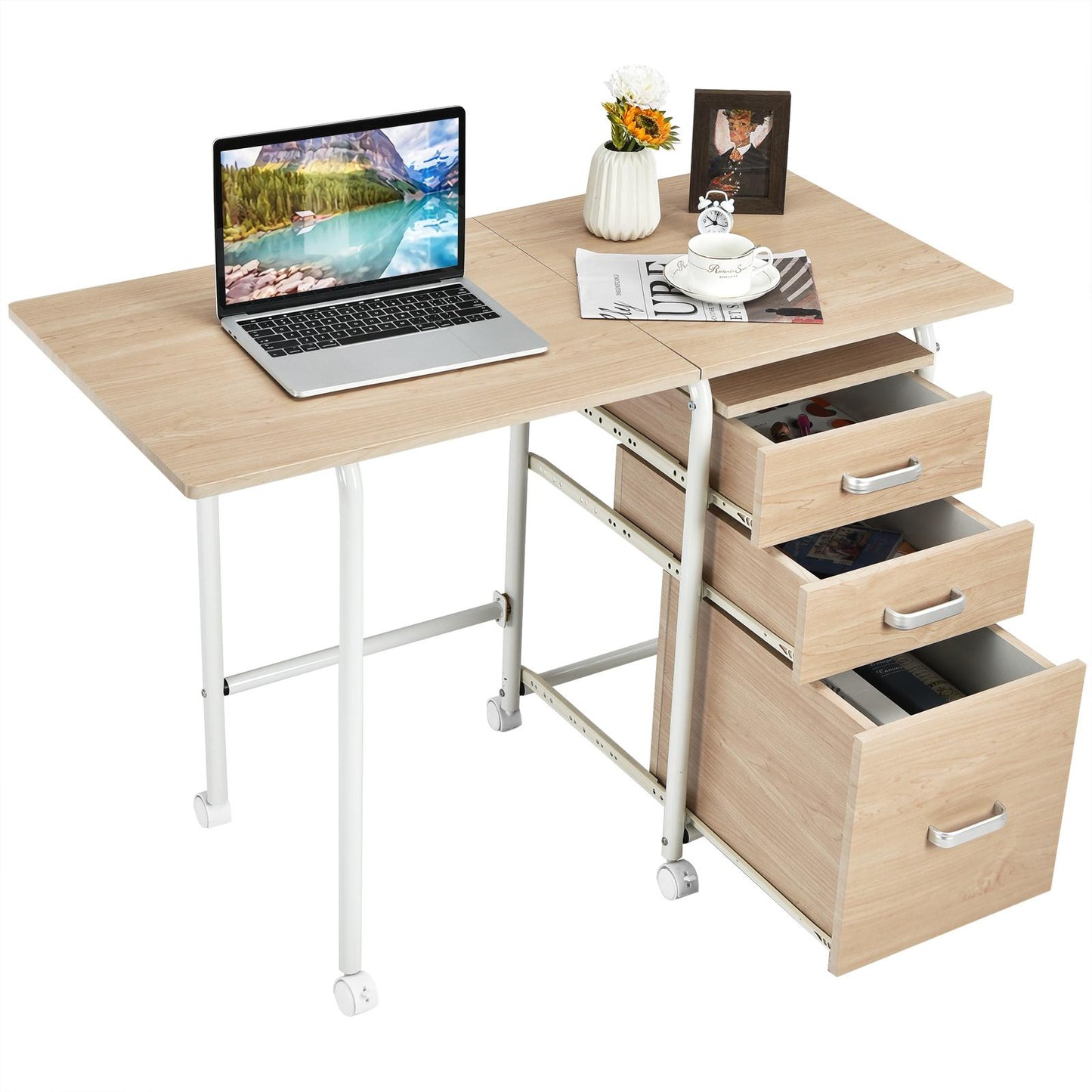 Giantex Folding Computer Study Desk, Home Office Desk w/Smooth Wheels & Large Drawers, Mobile Laptop Desk Writing Table