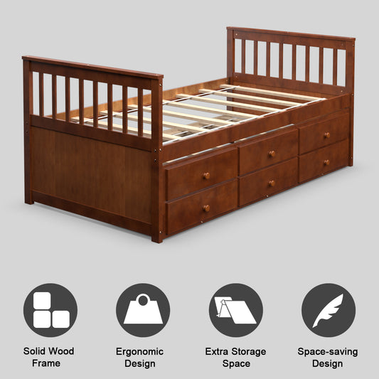 Giantex Twin Size Captain Bed w/3 Storage Drawers, Trundle Bed Wooden Bed Frame, Solid Wood Platform Guest Bed