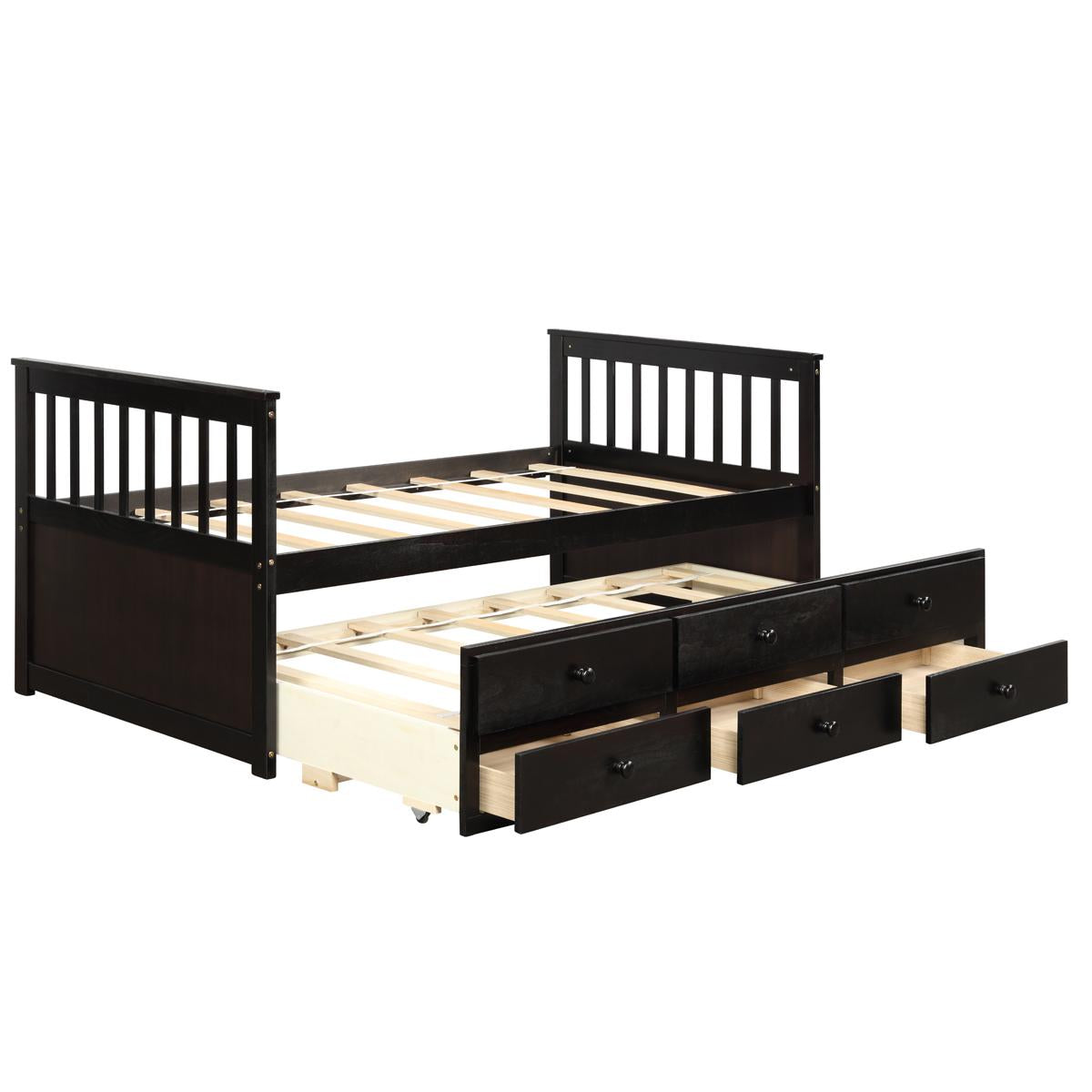 Giantex Twin Size Captain Bed w/3 Storage Drawers, Trundle Bed Wooden Bed Frame, Solid Wood Platform Guest Bed