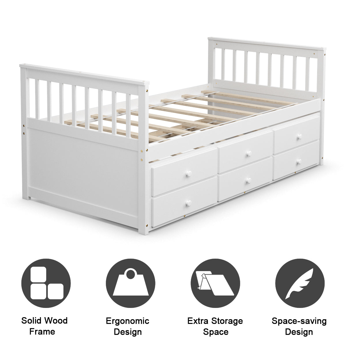 Giantex Twin Size Captain Bed w/3 Storage Drawers, Trundle Bed Wooden Bed Frame, Solid Wood Platform Guest Bed