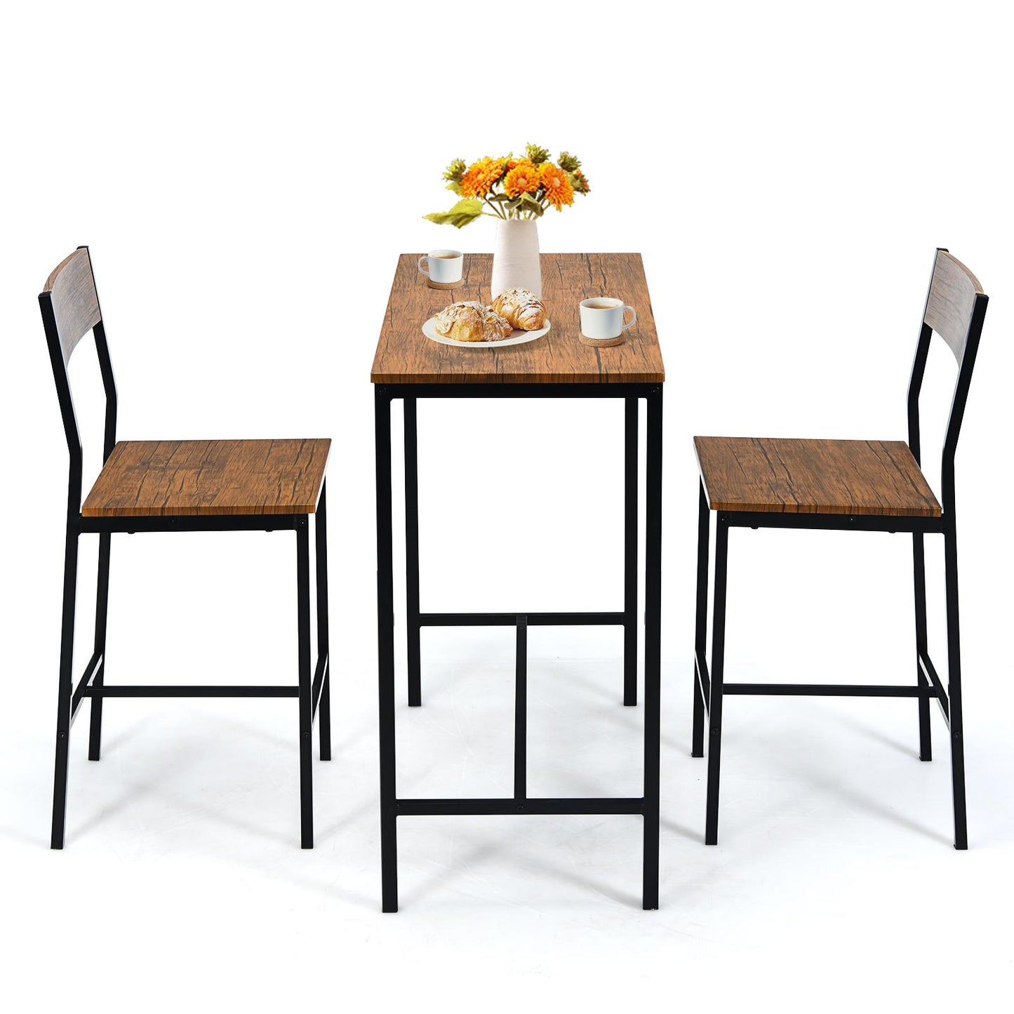 Giantex 3 Pieces Bar Table Set, Pub Table Set, Modern Industrial-style Table & Chair Set for Kitchen, Dining Room, Easy Assembly