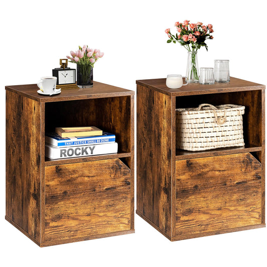 Giantex Set of 2 End Table, Bedside Nightstand w/Storage Cabinet & Open Shelf, Sofa Couch Side Table for Home & Office