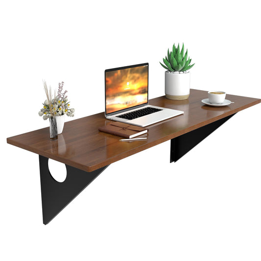Giantex Wooden Wall-mounted Desk, 40” Industrial Floating Computer Desk w/ Rubber Wood Table Top & Heavy-duty Steel Brackets, Space-saving Home Office Laptop Table, Easy-to-setup Bar Table for Kitchen