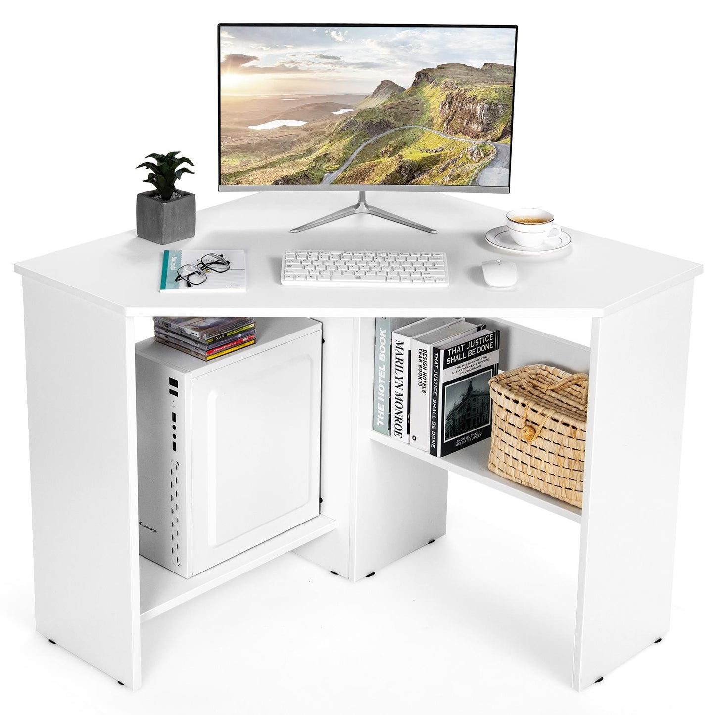 Ginatex Corner Computer Desk, Space-saving Triangular Writing Desk, Multi-functional Console Table for Small Space in Home Office