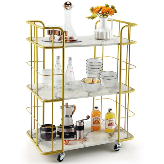 Giantex Gold Rolling Bar Cart, 3-Tier Kitchen Utility Cart w/Marble-Finish Top & Lockable Casters, Metal Serving Cart for Kitchen, Bar