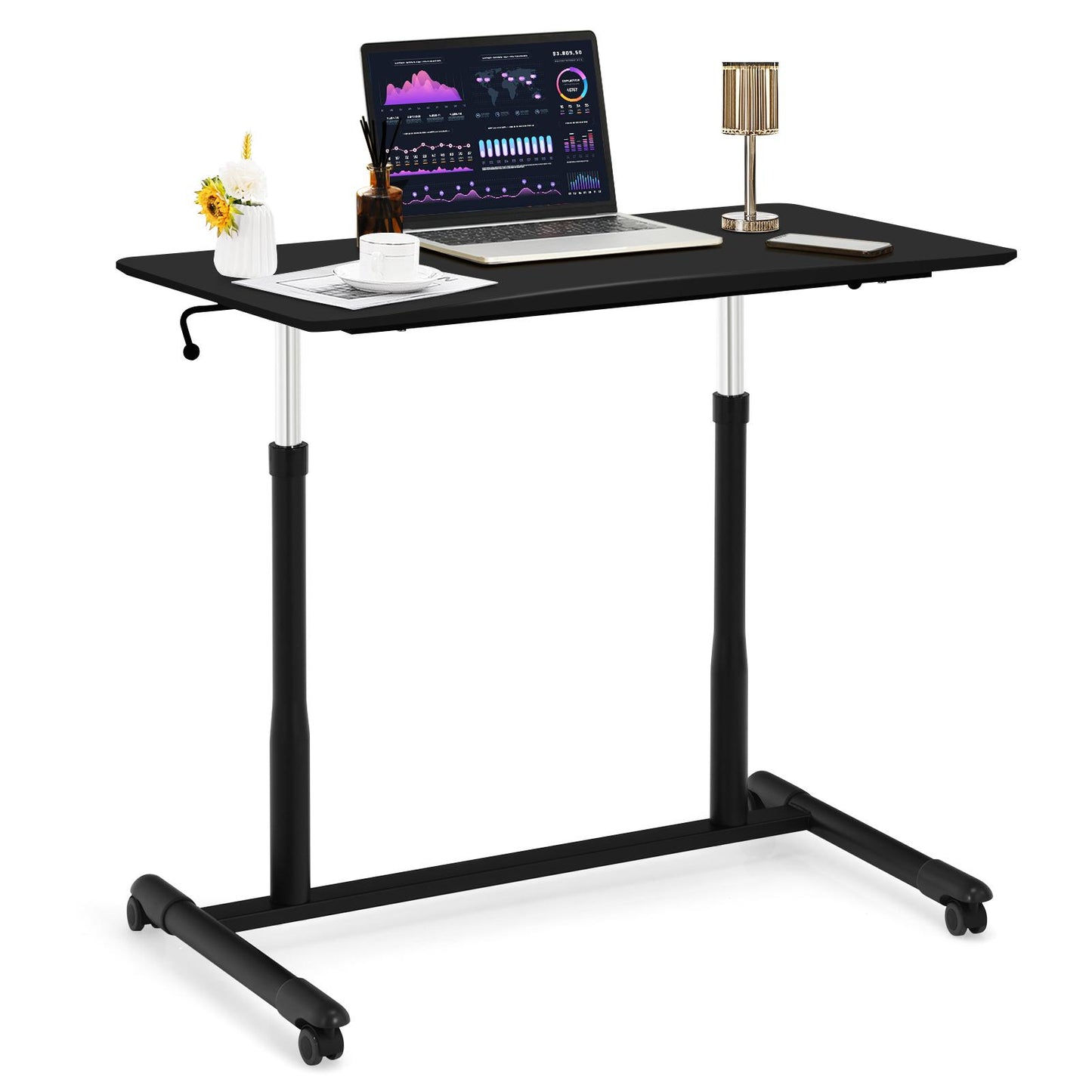 Giantex Mobile Height Adjustable Standing Desk, Compact Pneumatic Sit to Stand Computer Desk w/ Lockable Casters, Ergonomic Rolling Laptop Table for Home Office