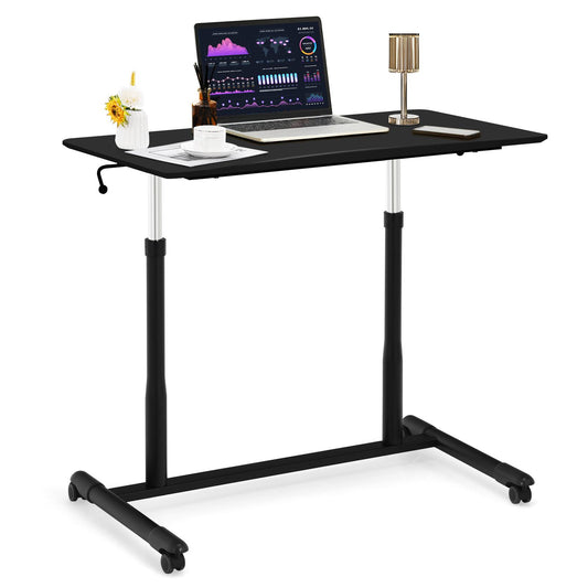 Giantex Mobile Height Adjustable Standing Desk, Compact Pneumatic Sit to Stand Computer Desk w/ Lockable Casters, Ergonomic Rolling Laptop Table for Home Office