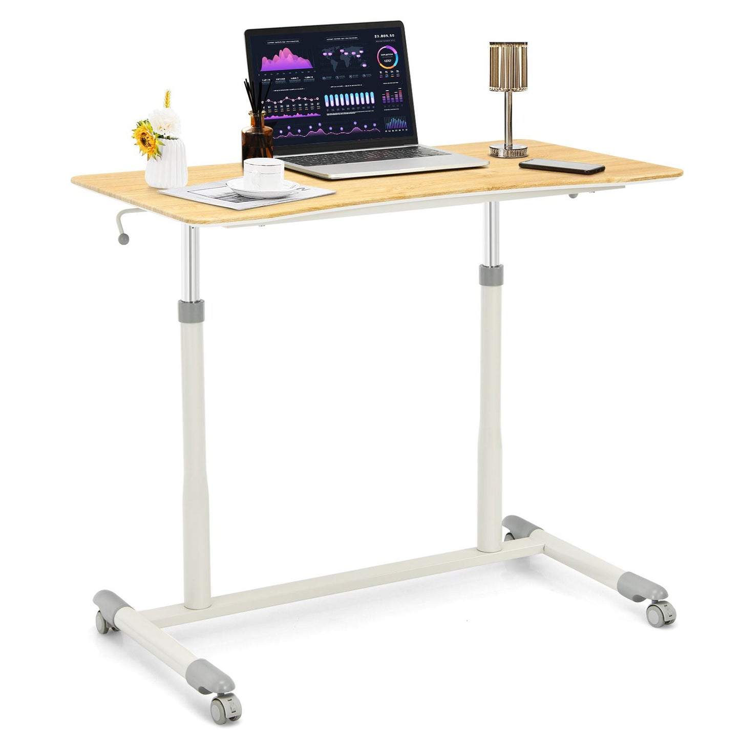Giantex Mobile Height Adjustable Standing Desk, Compact Pneumatic Sit to Stand Computer Desk w/ Lockable Casters, Ergonomic Rolling Laptop Table for Home Office