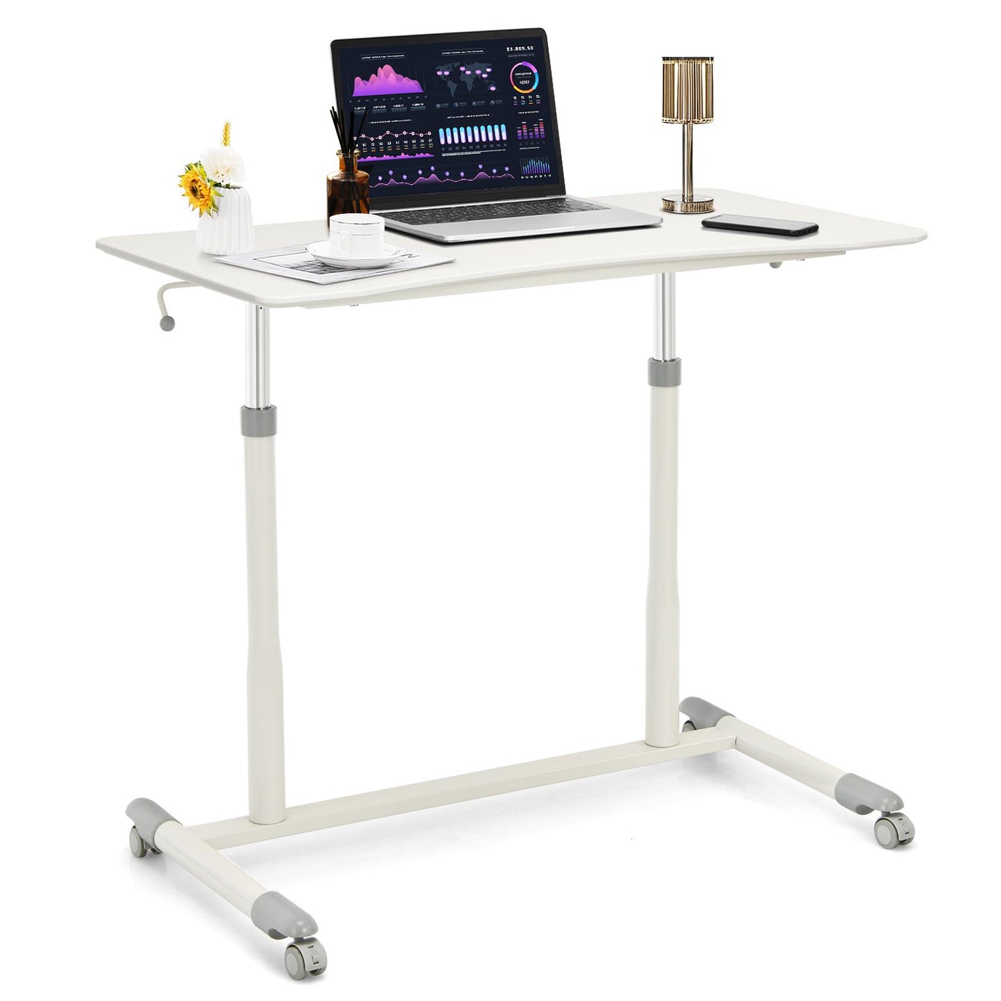 Giantex Mobile Height Adjustable Standing Desk, Compact Pneumatic Sit to Stand Computer Desk w/ Lockable Casters, Ergonomic Rolling Laptop Table for Home Office