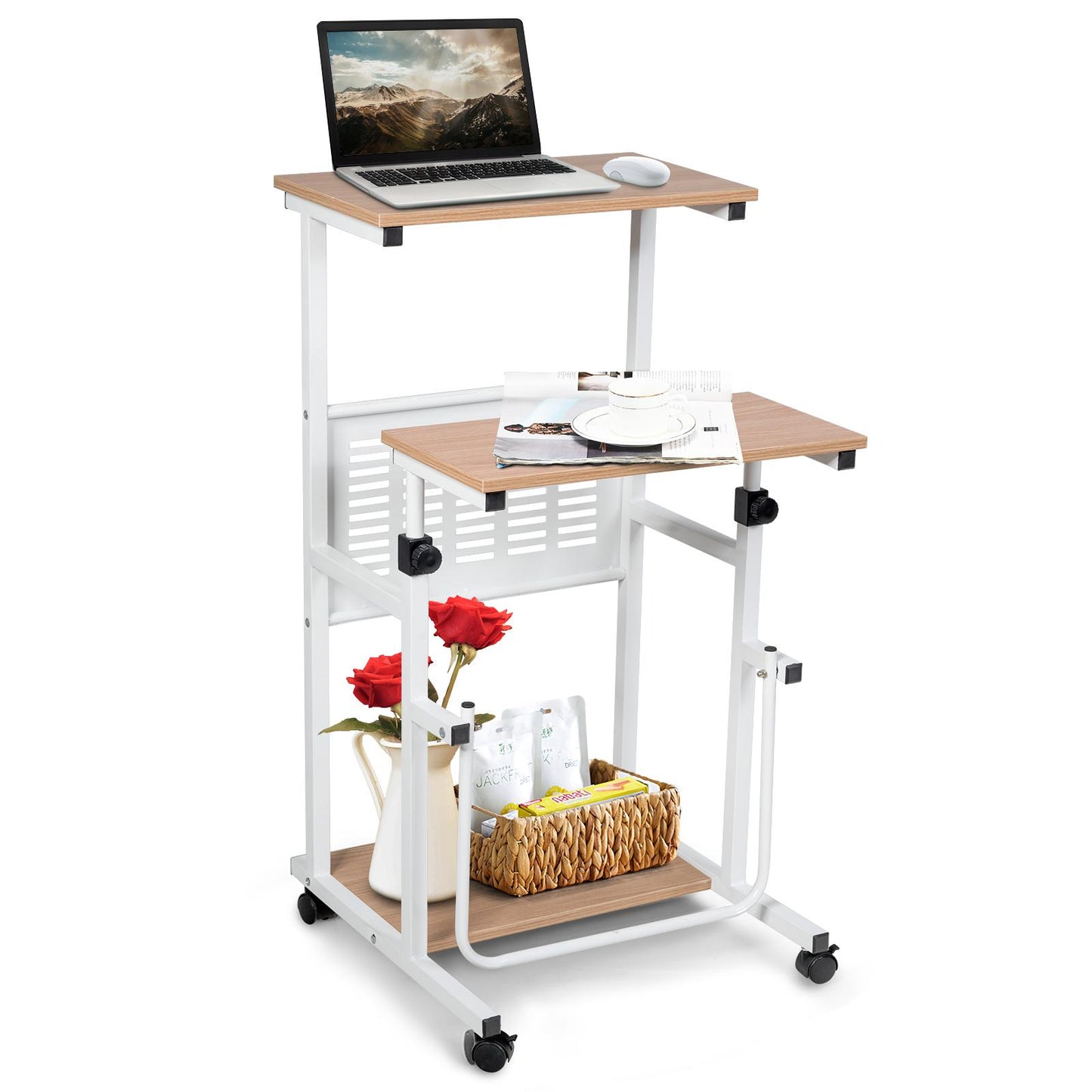 Giantex Mobile Standing Desk, Height Adjustable Laptop Cart on Wheels, Home Office Laptop Workstation, Presentation Cart for Small Space