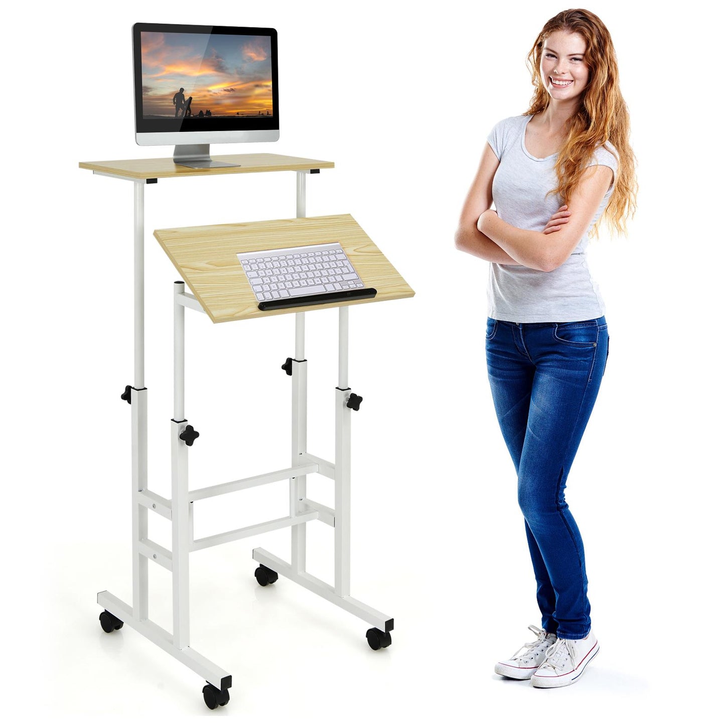 Giantex Mobile Standing Desk, Height Adjustable Sit to Stand Desk, Portable Laptop Desk, 2-Tier Computer Workstation for Home Office