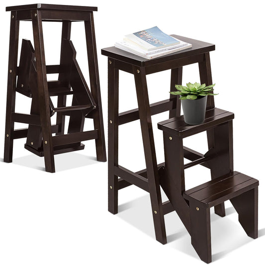 Giantex Step Folding Wooden Step Stool, Portable Anti-Slip Step Ladder, Foldable Wood Counter Staircase, Multifunctional Flower Shelf & Chair for Kitchen/Garage/Living Room/Library