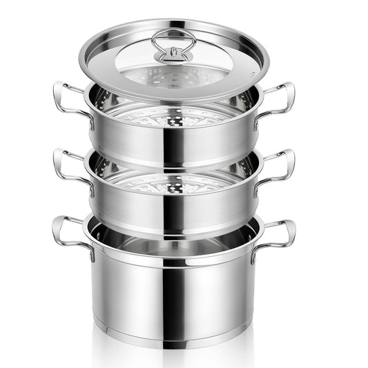 Giantex 3-Tier Stainless Steel Steamer, Boiler Pot w/Tempered Glass Lid