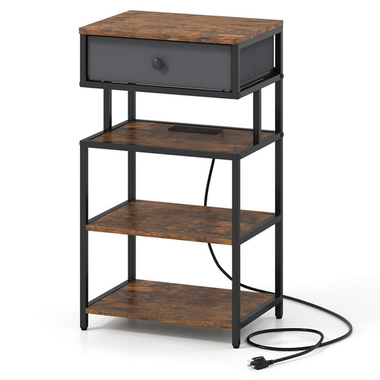 Giantex Nightstand w/Charging Station, End Table w/Fabric Drawer for Bedroom &Living Room