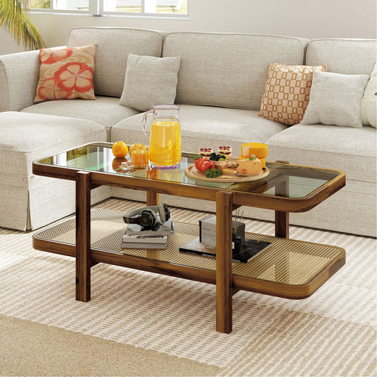 Giantex 2-Tier Boho Coffee Table, Accent Table w/PE Rattan Shelf, Center Table,  Brown & Natural