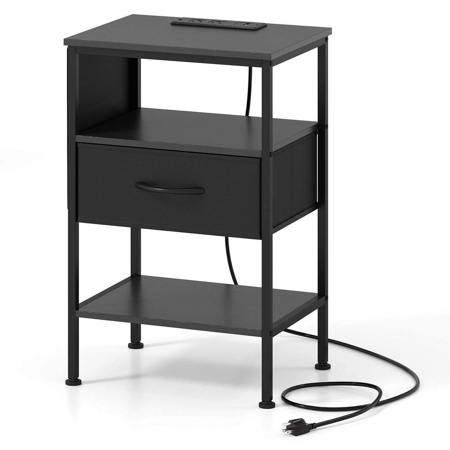 Giantex Nightstand w/Charging Station, End Table w/Fabric Drawer, 2 AC Outlets, USB and Type-C Port, Black