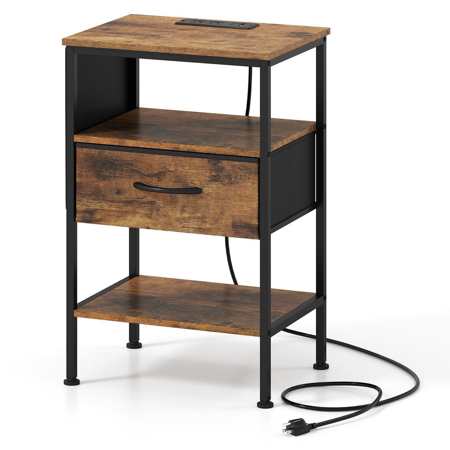 Giantex Nightstand w/Charging Station, End Table w/Fabric Drawer, 2 AC Outlets, USB and Type-C Port, Brown
