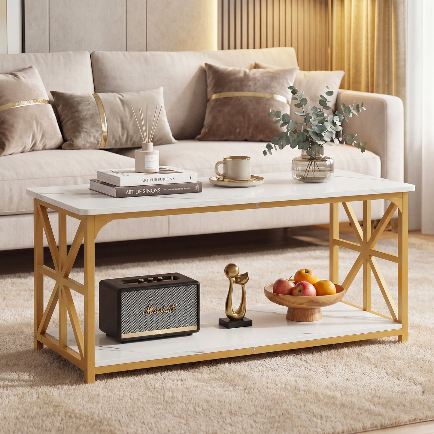 Giantex 2-Tier Coffee Table, Rectangular Accent Table w/Metal Frames, Low Cocktail Table, White