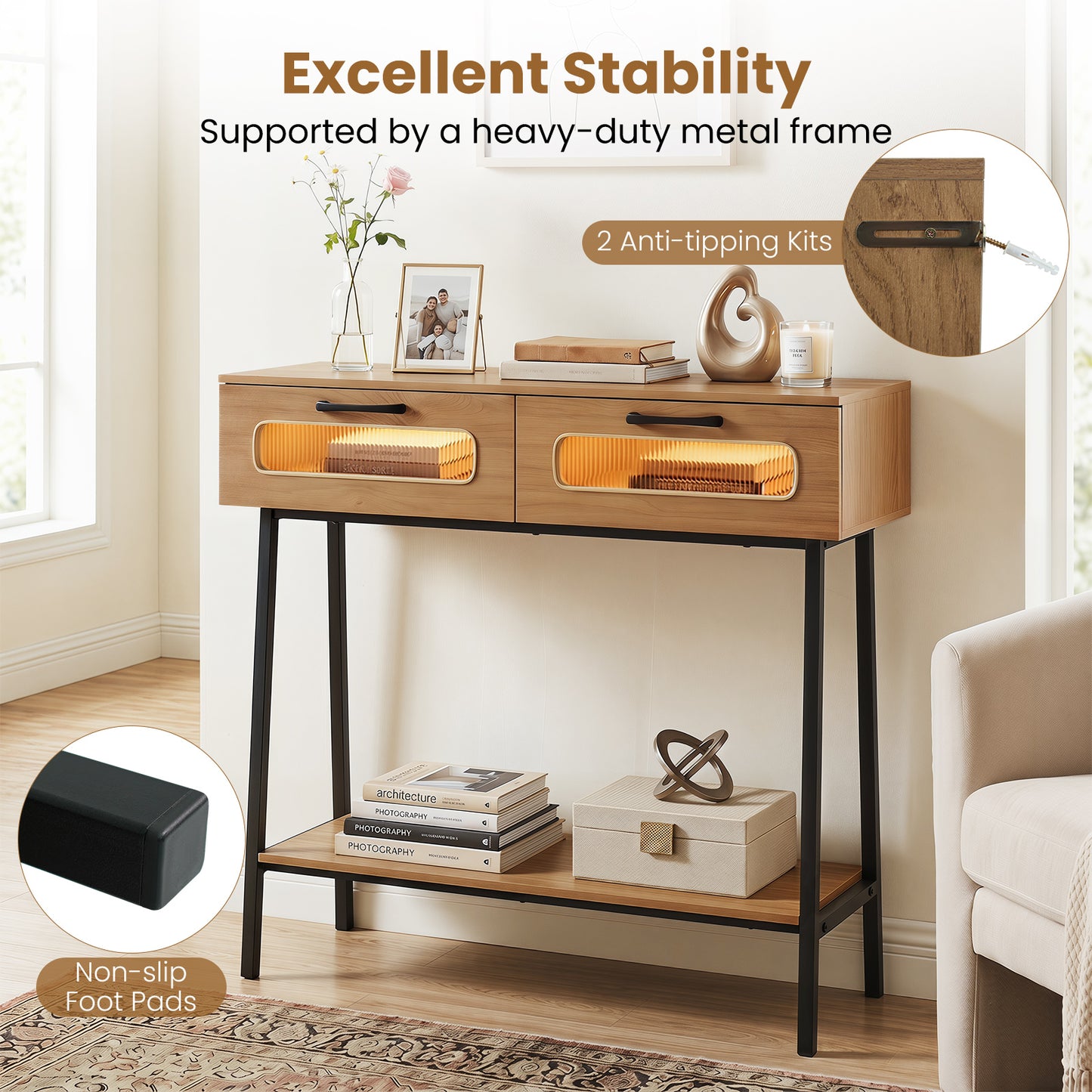 Giantex LED Console Table, Behind-Couch Slim Table w/2 Drawers for Home